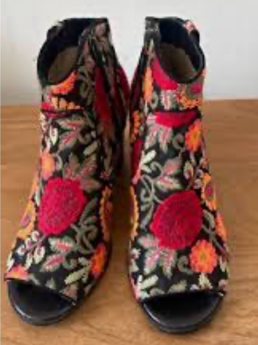 Crown Vintage Black Embroidered Floral Peep-Toe Ankle Boots